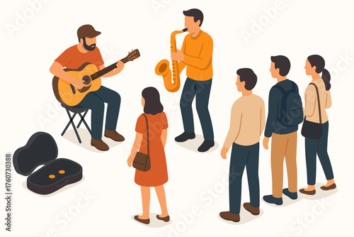 Male musicians play guitar and saxophone for diverse crowd in outdoor performance