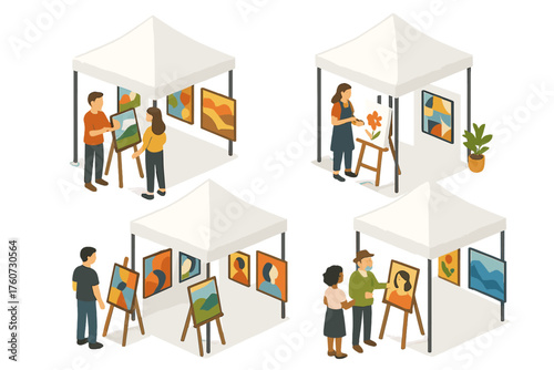 Diverse group of people at outdoor art exhibition with paintings and booths