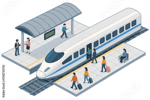 Isometric illustration of asian bullet train station with commuters and passengers