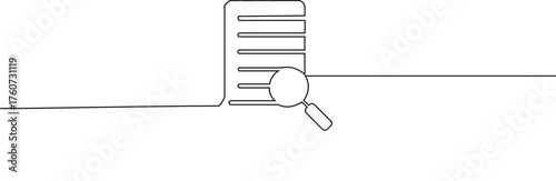 Continous one line art of document with magnifying glass, Searching document, Reaseach and analysis concept