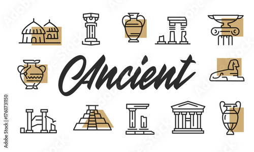 Ancient poster. Ancient poster design with Column, Amphora, Pyramid, Temple, and Sphinx icons. Simple poster for presentations, covers. Banner template. Vector illustration.