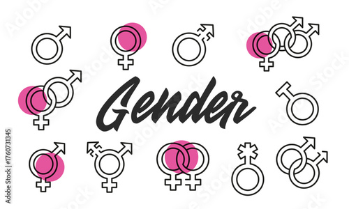 Gender poster. Gender poster design with Male, Female, Transgender, Intersex, Equality icons. Simply poster for presentations, covers. Banner template. Vector illustration.