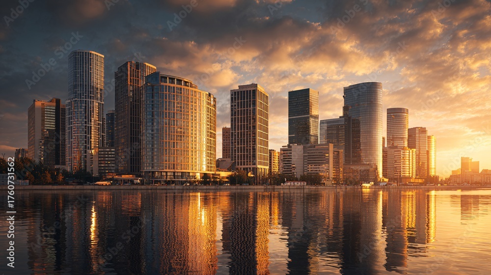 Obraz premium Modern financial district skyline with tall glass skyscrapers reflecting golden sunset