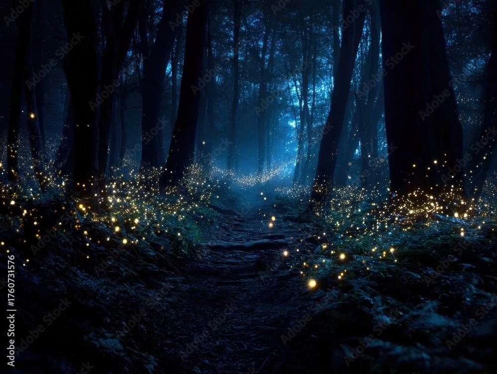Obraz premium Ethereal Forest Path Illuminated Fireflies Deep Night Dark Woods Mysterious Ambiance Natural Spectacle
