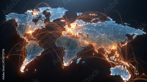 Global economy concept with digital world map glowing with trade routes