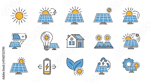 Collection of solar energy icons, showcasing renewable resources and sustainable power generation