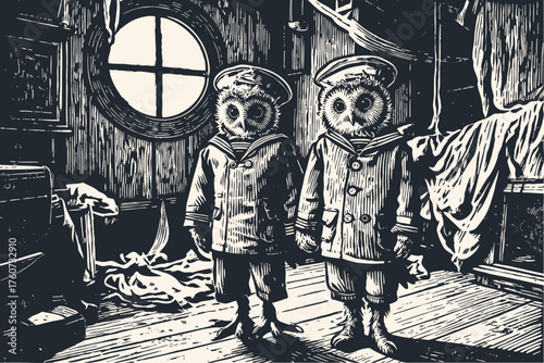 Eerie vector illustration of two surreal owl children in sailor suits in a dark ship cabin. A vintage woodcut style for fantasy or horror themes.