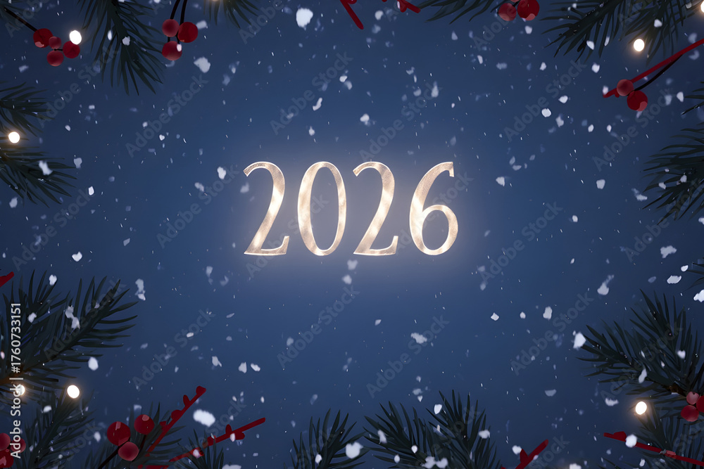 Fototapeta premium Snowfall in winter night, softly glowing ‘2026'