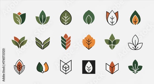 Collection of modern vector leaf icons and logo design elements. A set of geometric plant symbols for nature and organic brands
