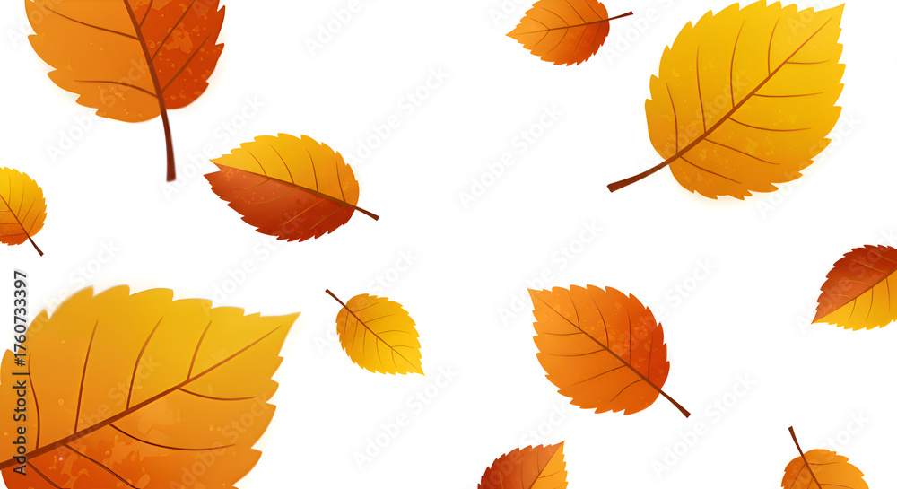 Obraz premium A vibrant array of orange and yellow autumn leaves gracefully descends against a clean white background, symbolizing the beautiful transition of the fall season.