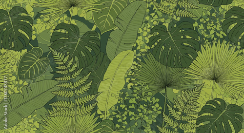 An intricate vector pattern of lush green tropical foliage, featuring a dense arrangement of jungle leaves like monstera and ferns for a vibrant natural background