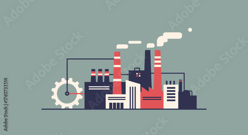 Industrial factory illustration with tall chimneys and gear representing manufacturing and mass production