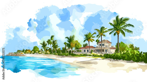Seven Mile Beach. Seven Mile Beach hand drawn watercolor illustration
