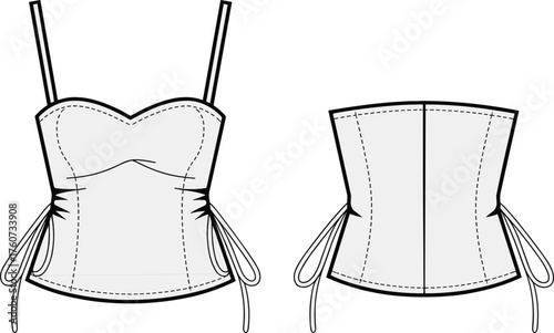Corset top fashion sketch vector, sweetheart neckline, spaghetti straps, side drawstrings, contour seams, fitted silhouette, front and back view, garment illustration