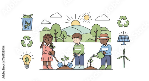 Illustration of children planting trees and engaging in eco-friendly activities, promoting environmental awareness and sustainability