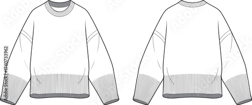 Cropped crew neck sweater fashion sketch vector, dropped shoulders, ribbed cuffs and hem, relaxed fit, front and back view, garment illustration