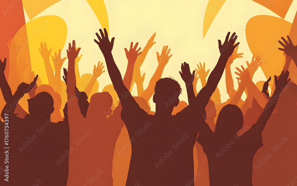 Fototapeta premium Crowd of people with hands raised in celebration under bright lights