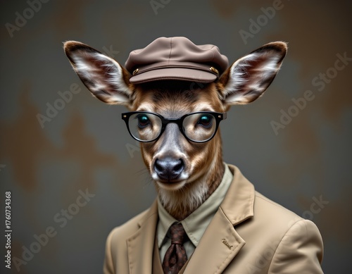 Animated Deer Character Dressed Pilot Sepia Tone Background