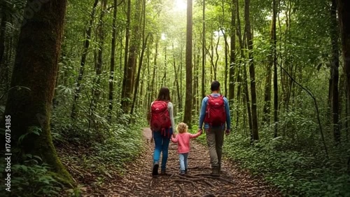 Family Adventure - Hiking Through a Lush Green Forest Together.