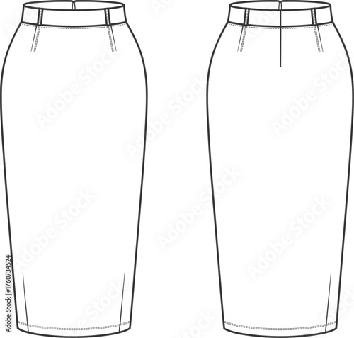 Long pencil skirt fashion sketch vector, high waist, waistband, vertical darts, center back seam, front and back view, garment design illustration