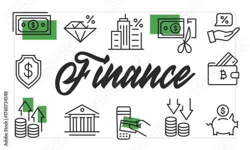 Finance poster. Finance poster design with Dollar, Credit Card, Wallet, Bank, Piggy Bank icons. Simply poster for presentations, covers. Banner template. Vector illustration.