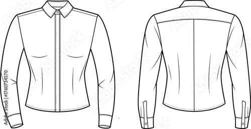 Long sleeve button-up shirt fashion flat, pointed collar, front and back technical sketch, garment design, vector illustration, clothing template, tailored fit