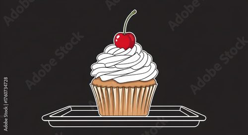Cartoon Cupcake with Cherry on Top on Tray illustration