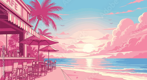 Pink-themed beach cafe with palm trees, ocean, and sunset in a stylized, cartoonish illustration.