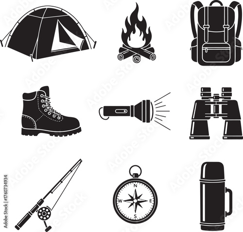 Camping and outdoor icons set, tent, campfire, backpack, hiking boot, flashlight, binoculars, compass, fishing rod, thermos vector.
