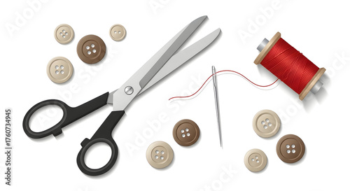 Sewing supplies with scissors needle thread and buttons