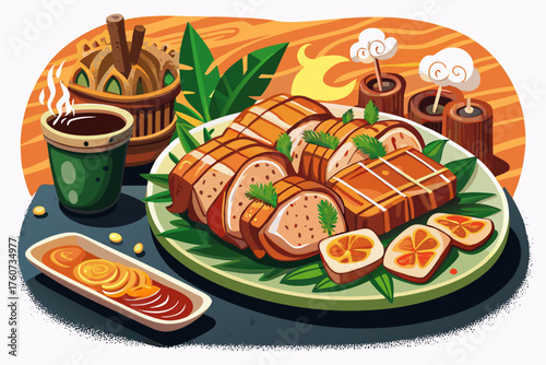 vector of Moping. Pieces of pork seasoned with sweet sauce and charcoal aroma, hearty taste. Moping should be eaten with hands, it should be eaten in the hot weather of Bangkok...
