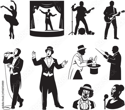Performers and circus icons set, dancer, stage host, guitarist, singer, mime, magician, conductor, clown, opera singer vector.