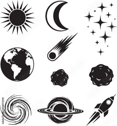 Space and cosmic icons set, sun, moon, stars, Earth, comet, asteroid, galaxy, ringed planet, rocket vector.