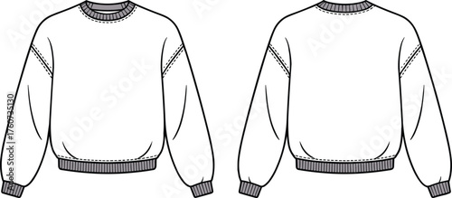 Sweatshirt technical sketch, front and back view, fashion flat drawing, vector template, garment construction outline, apparel design illustration, clothing mockup