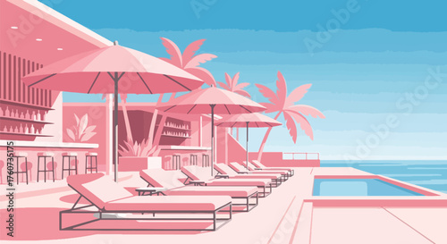 A serene pink-hued poolside lounge area with lounge chairs and umbrellas overlooking the ocean.