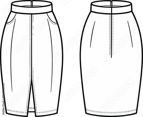 Technical sketch of pencil skirt design, front and back view, high waist, side pockets, center slit, zipper closure, fashion vector template