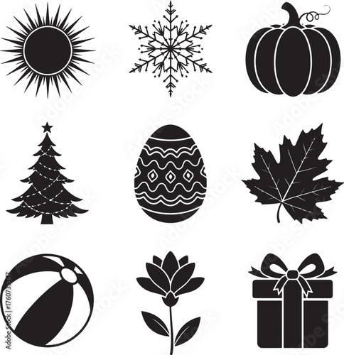 Seasonal and holiday icons set, sun, snowflake, pumpkin, Christmas tree, Easter egg, maple leaf, beach ball, flower, gift box vector.