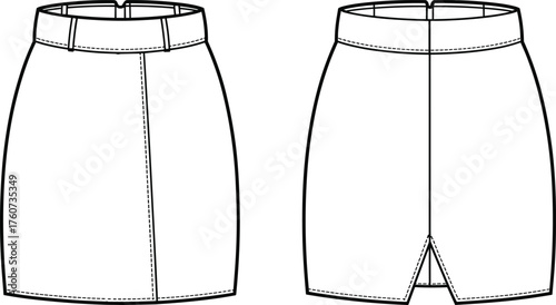 Technical sketch of straight skirt design, front and back view, high waistband, center seam, back vent, fashion vector template, garment construction