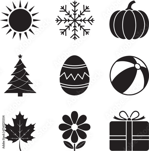 Seasonal and holiday icons set, sun, snowflake, pumpkin, Christmas tree, Easter egg, maple leaf, beach ball, flower, gift box vector.