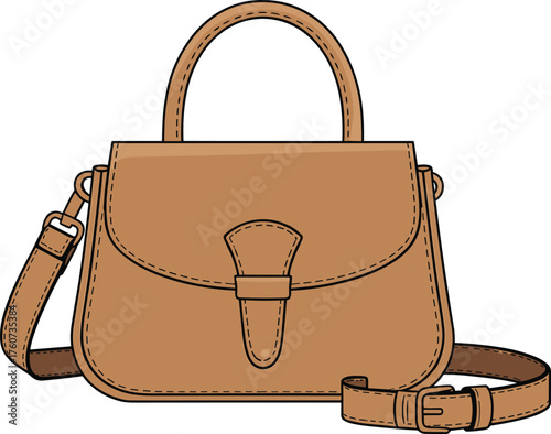 Brown handbag vector, structured purse design, top handle, shoulder strap, fashion accessory, cad drawing flat vector 