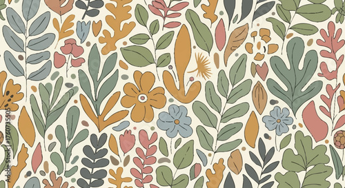 Botanical illustration with abstract flowers and leaves in a repeating seamless pattern