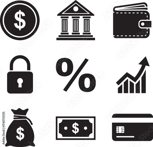 Finance and banking icons set, coin, bank, wallet, lock, percent, growth chart, money bag, cash, credit card vector.