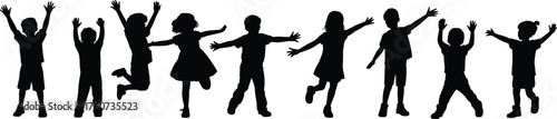 Children silhouette in playful poses, jumping and dancing, boys and girls, energetic movement, black vector art, minimalist white background