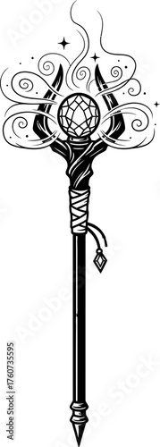 Fantasy magic staff or scepter with precious gem. Wizard rod for sorcery and ritual. Mystic object. Monochrome vector illustration.