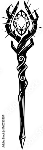 Black ancient magical fantasy wizard staff or tribal scepter with gemstone. Magic wand concept. Vector illustration for game, app, icon