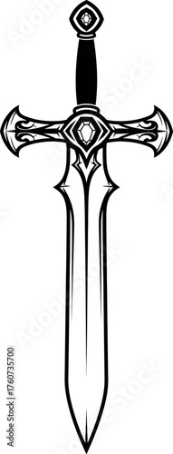 Decorative ornate magical sword illustration. Medieval fantasy weapon symbol. Vector design element for game, tattoo, emblem, logo, icon