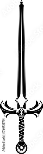 Antique medieval sword with ornate hilt and blade. Weaponry, history, warrior, knight concept. Line art style. Vector icon illustration