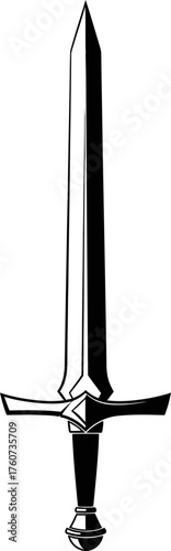 Dark and sharp medieval sword with shining blade and crossguard. Ancient weapon concept. Vector illustration for design, game, logo