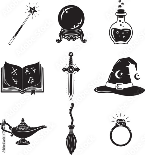 Magic and fantasy icons set, wand, crystal ball, potion, spell book, sword, witch hat, genie lamp, broom, enchanted ring vector.