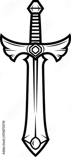 Fantasy sword icon with ornate hilt and sharp blade. Medieval weapon symbol, heraldry. Vector illustration for game design, logo, app